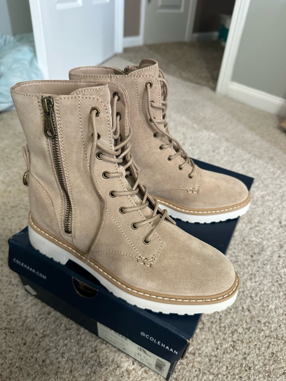 Cole Haan Taupe Suede Lace-Up Combat Boots with White Lug Sole